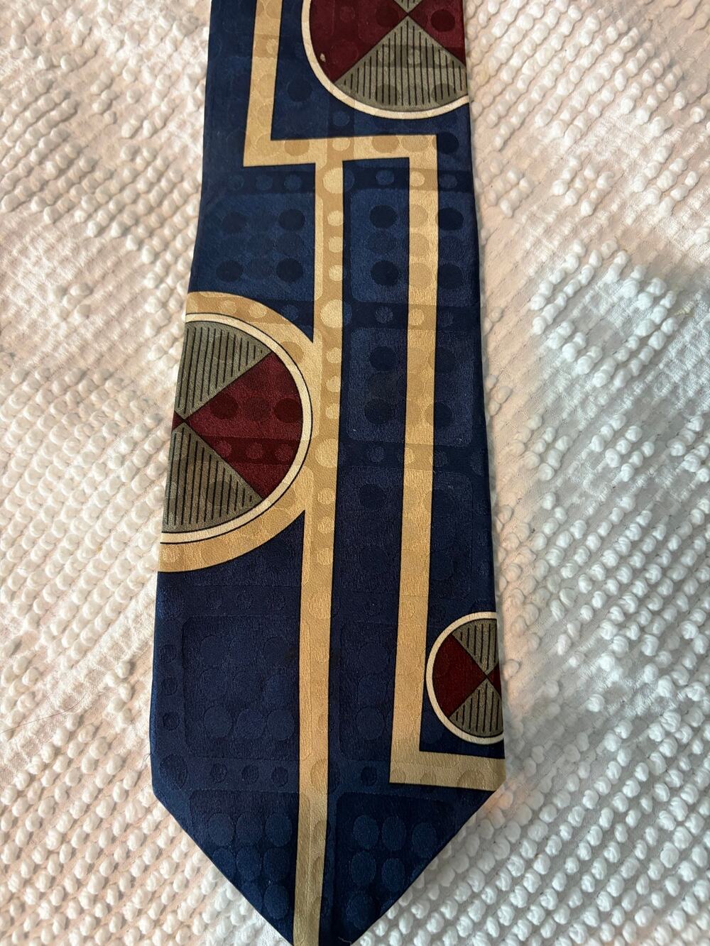 Oscar De La Renta Silk Tie Blue Gold Geometric Abstract Vintage 90's Men's
